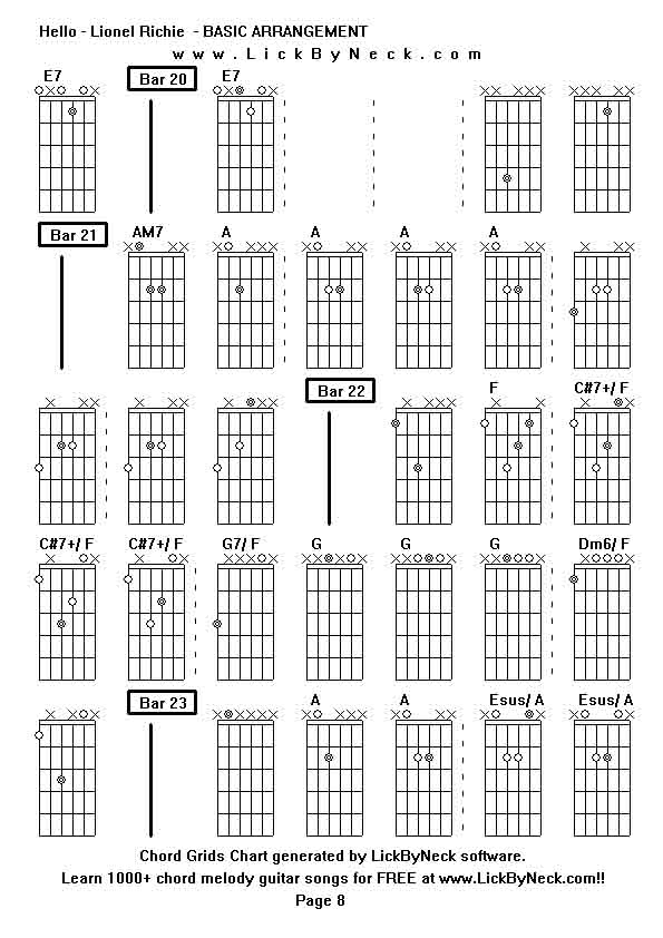 Chord Grids Chart of chord melody fingerstyle guitar song-Hello - Lionel Richie  - BASIC ARRANGEMENT,generated by LickByNeck software.